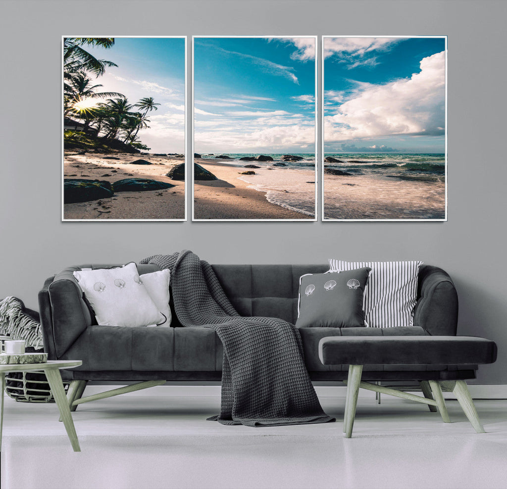 Tropical Beach Wall Art Canvas Print, Framed Ocean Waves Relaxing Seascape