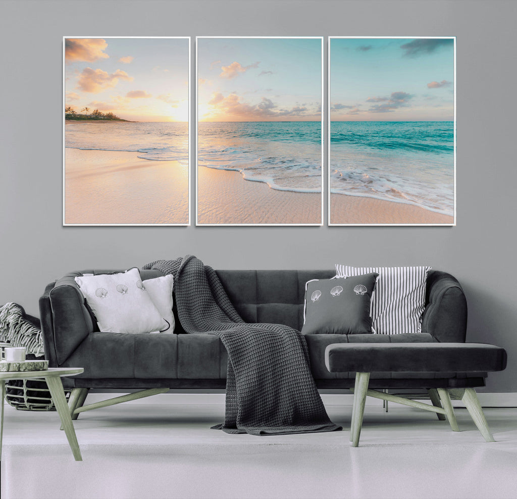 Beach Sunset Wall Art Canvas Print, Framed Ocean Waves Summer Escape