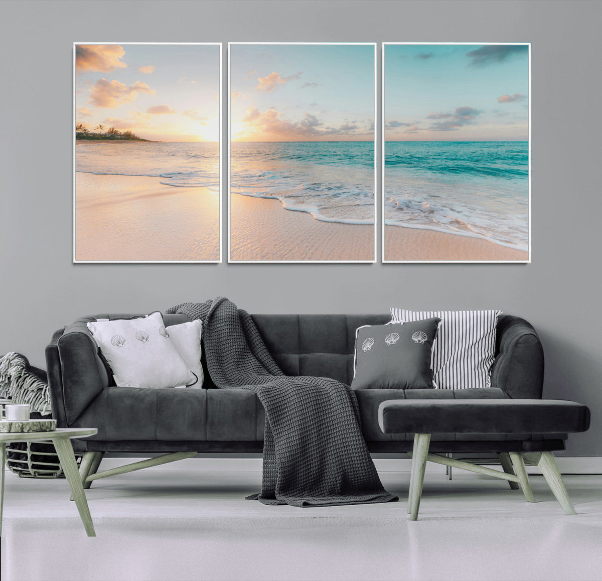 Beach Sunset Wall Art Canvas Print, Framed Ocean Waves Summer Escape