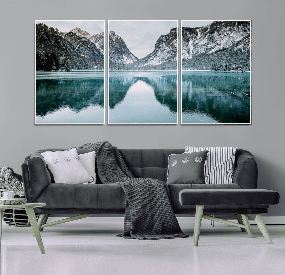 Mountain Lake Wall Art Canvas Print, Framed Toblacher See Winter Wonderland