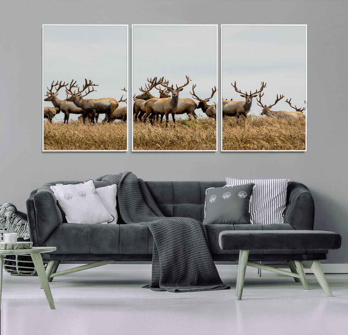 Elk Herd Wall Art Canvas Print, Framed Wildlife Photography Art, Majestic Antlers Rustic Wildlife Decor
