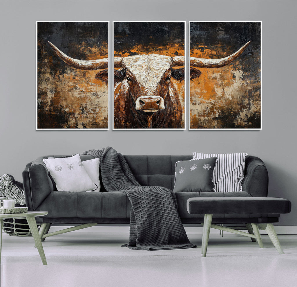 Abstract Longhorn Bull Wall Art Canvas Print, Vintage Western Texas Steer Artwork