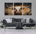 Abstract Longhorn Bull Wall Art Canvas Print, Vintage Western Texas Steer Artwork