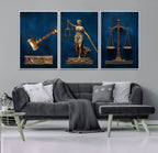 Lady Justice Wall Art Canvas Print, Elegant Gold Legal Symbols on Blue, Law Office Decor
