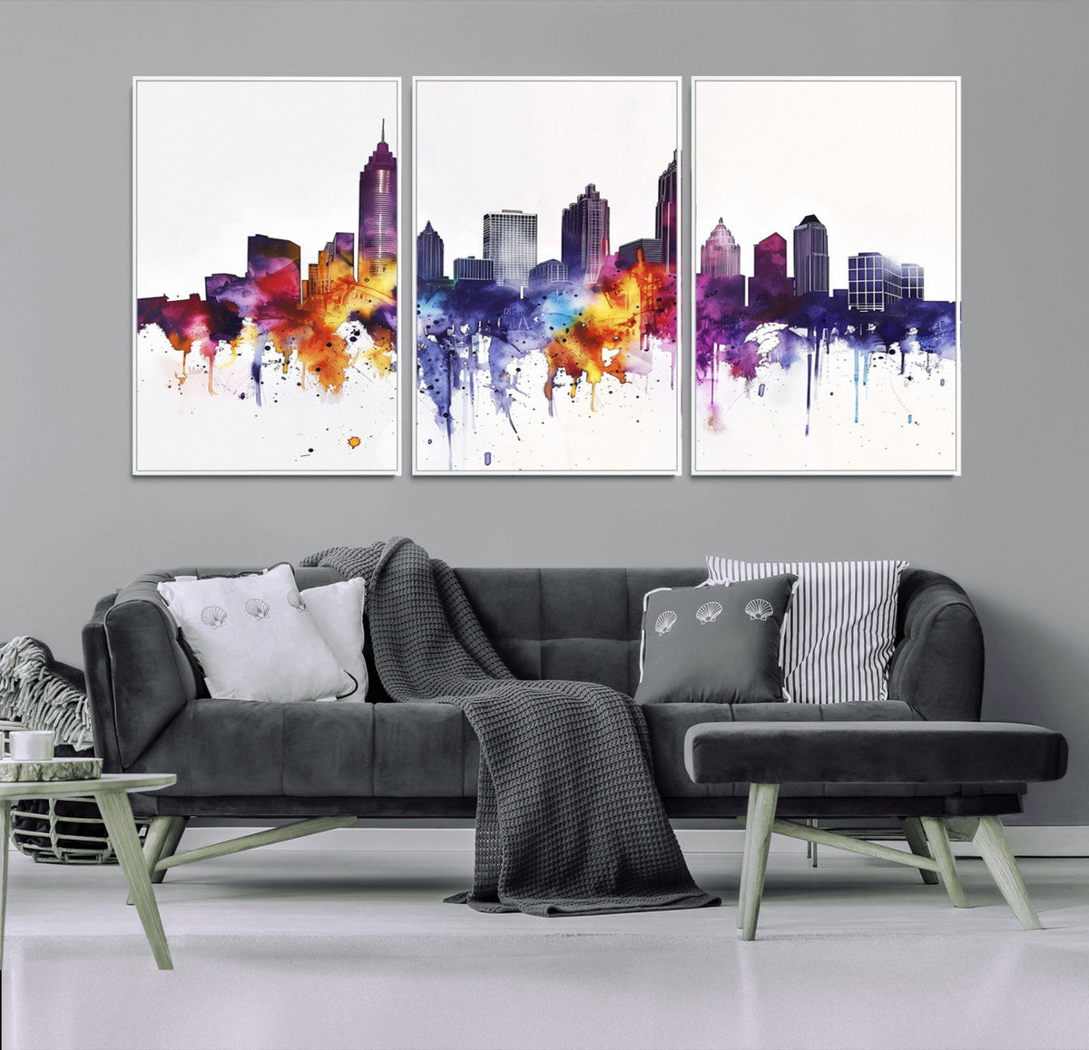 Atlanta Skyline Wall Art Canvas Print, Framed Colorful Watercolor Cityscape
