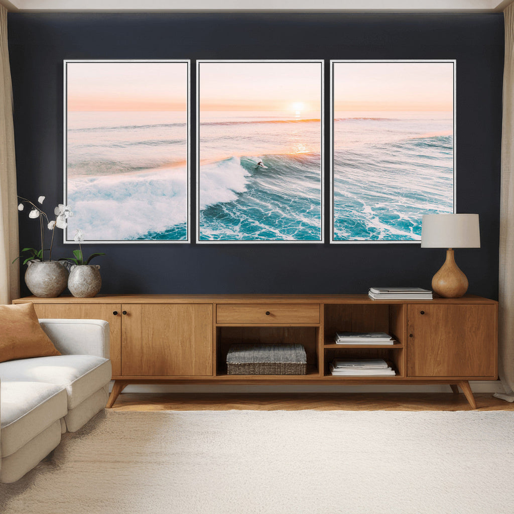 Sunset Surfing Wall Art Canvas Print, Ocean Wave Surfer with Golden Sky
