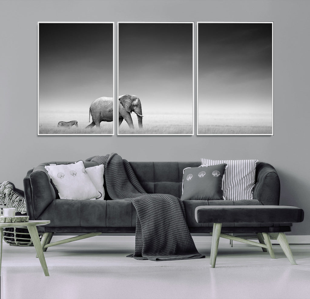 Elephant and Zebra Wall Art Canvas Print, Modern Artwork