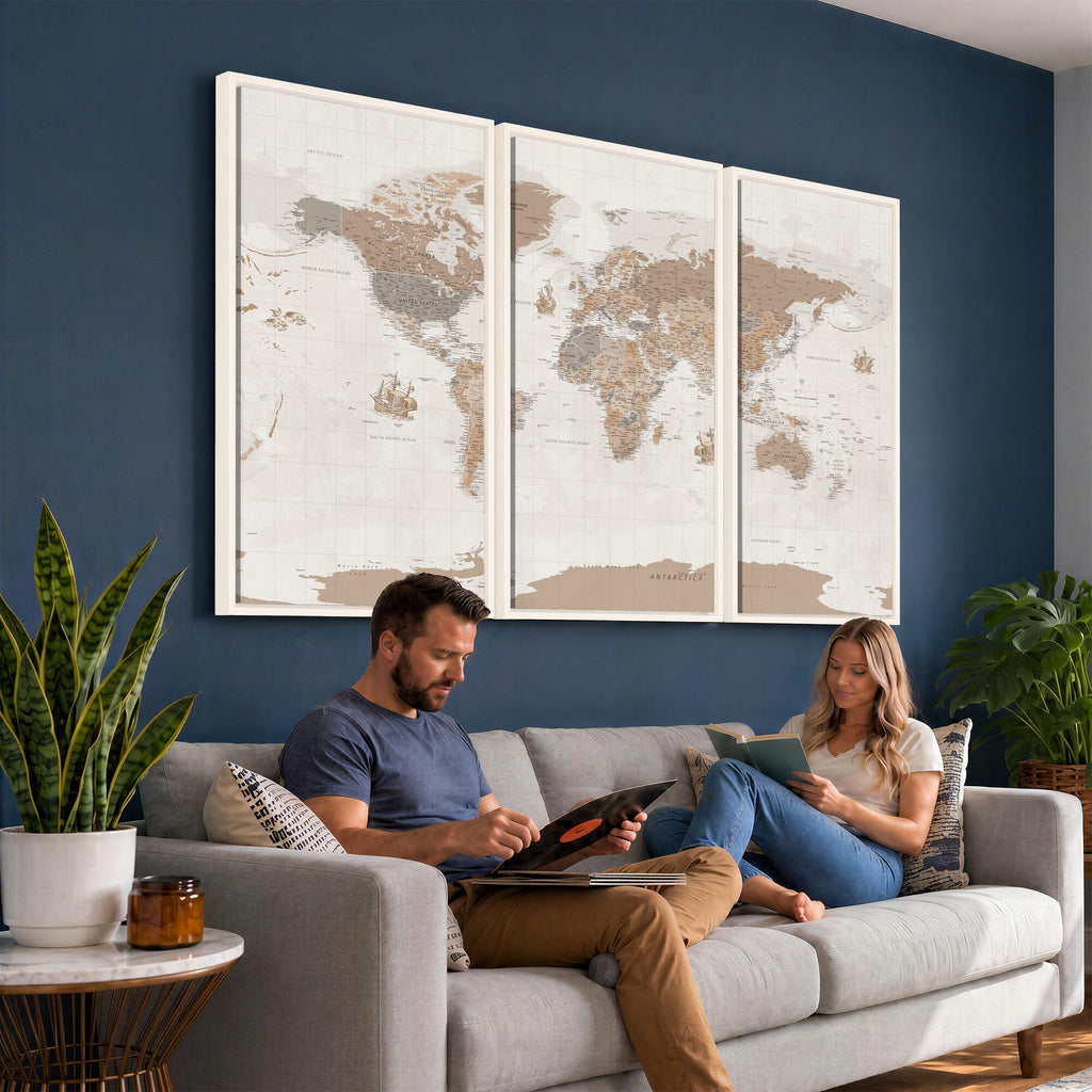 Framed Large World Map Canvas Print for Office Decor
