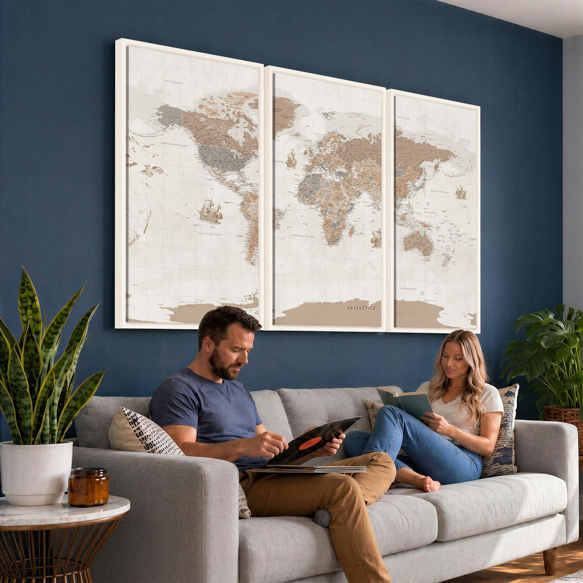 Framed Large World Map Canvas Print for Office Decor