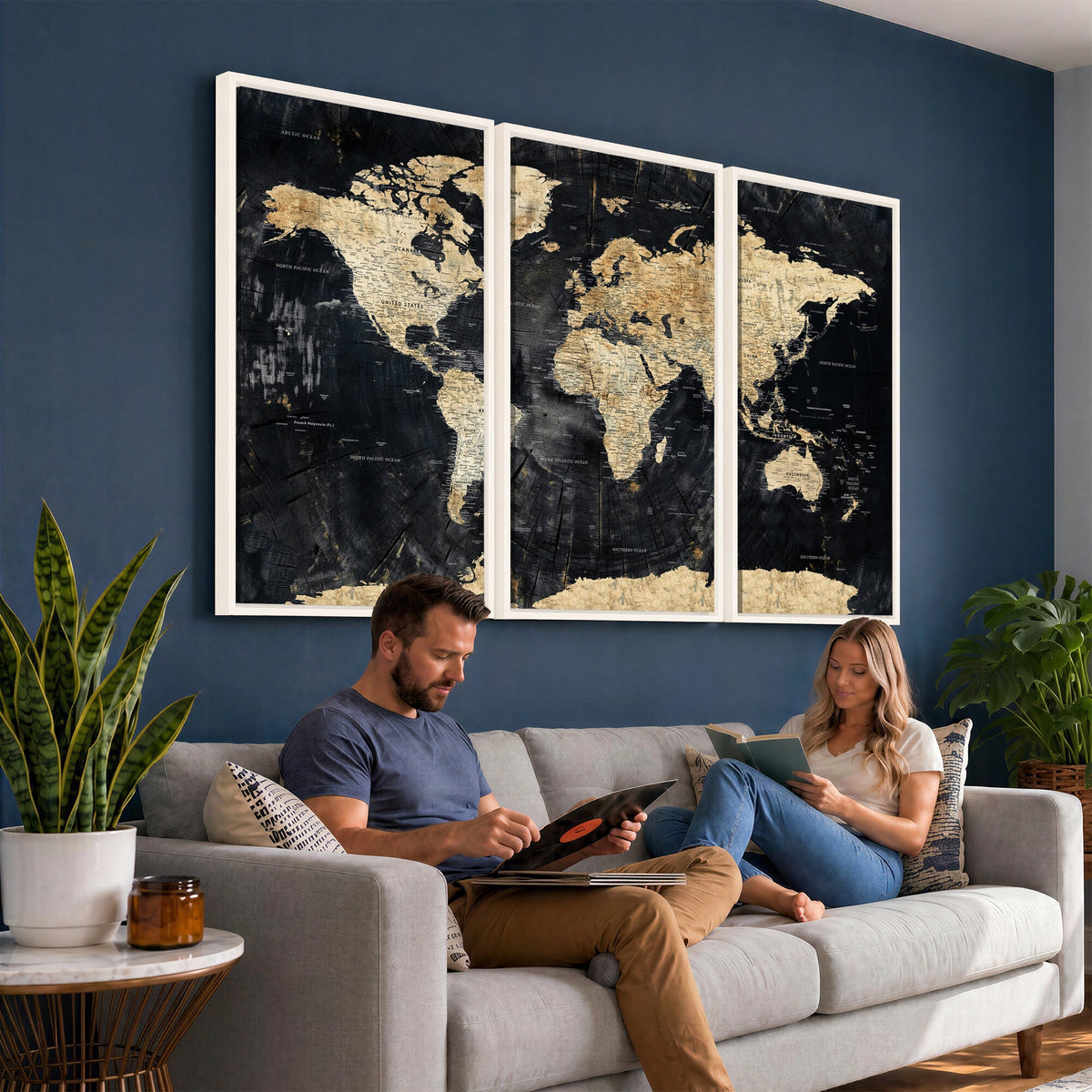 Framed Large World Map Wall Art Canvas Print for Living Room