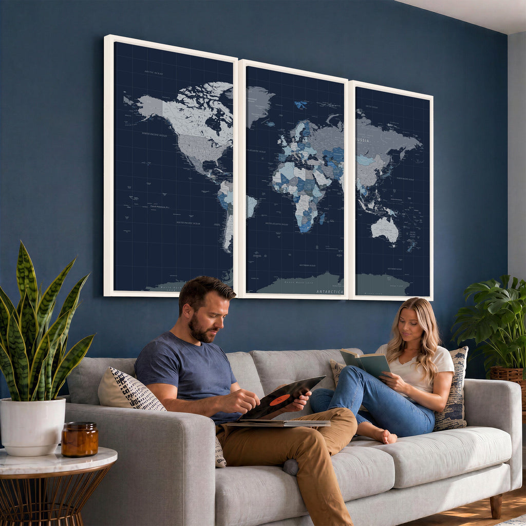 Blue Detailed World Map Wall Art Canvas Print | Modern Framed Map