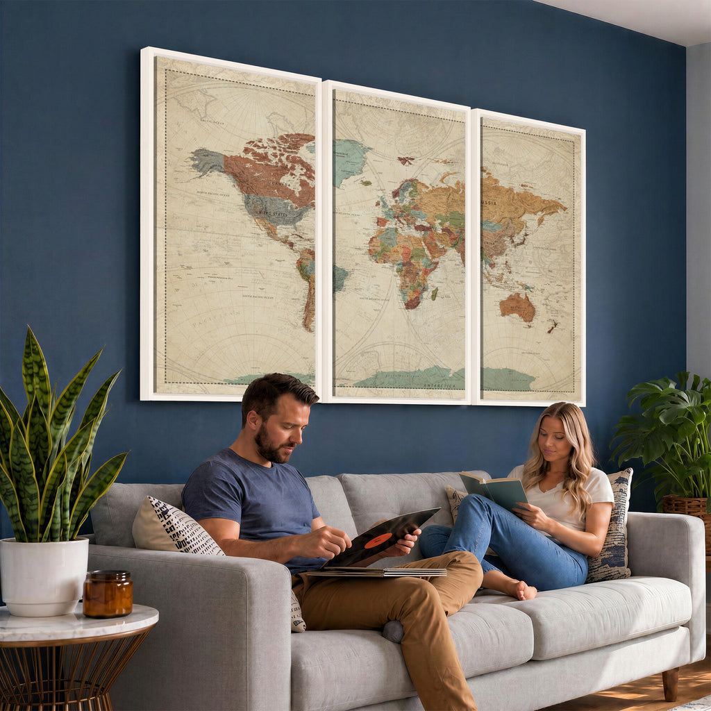 Vintage World Map Canvas Wall Art Print | Framed Modern World Map