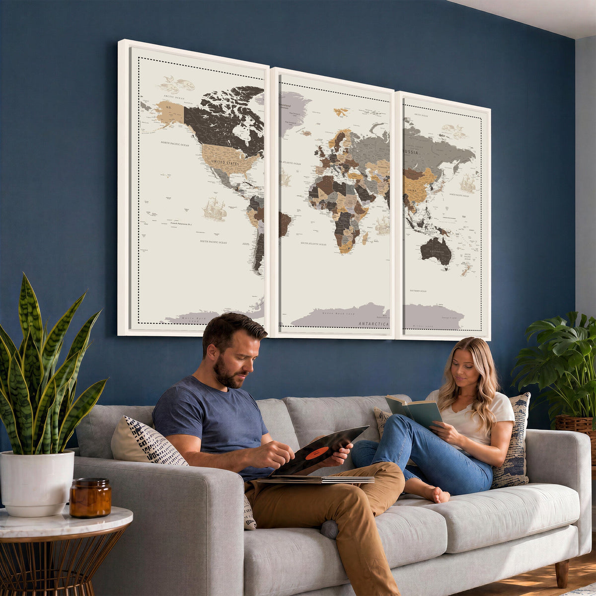 Custom Beige Modern Push Pin World Map Canvas Print, Places Visited Tracker, Bedroom and Study Decor