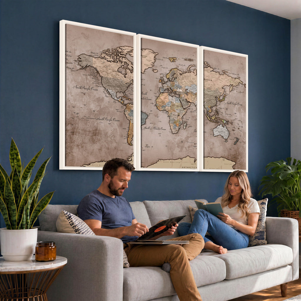 Grunge World Map Canvas Wall Art - Vintage Aged World Map with Golden Tones