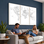 World Map Canvas Print, Framed Modern Detailed Map of the World for Home or Office