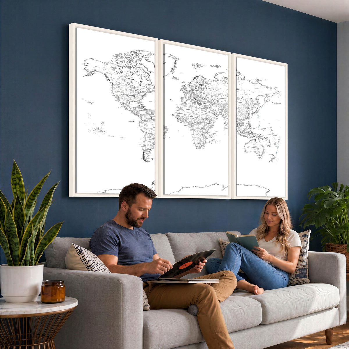 World Map Canvas Print, Framed Modern Detailed Map of the World for Home or Office