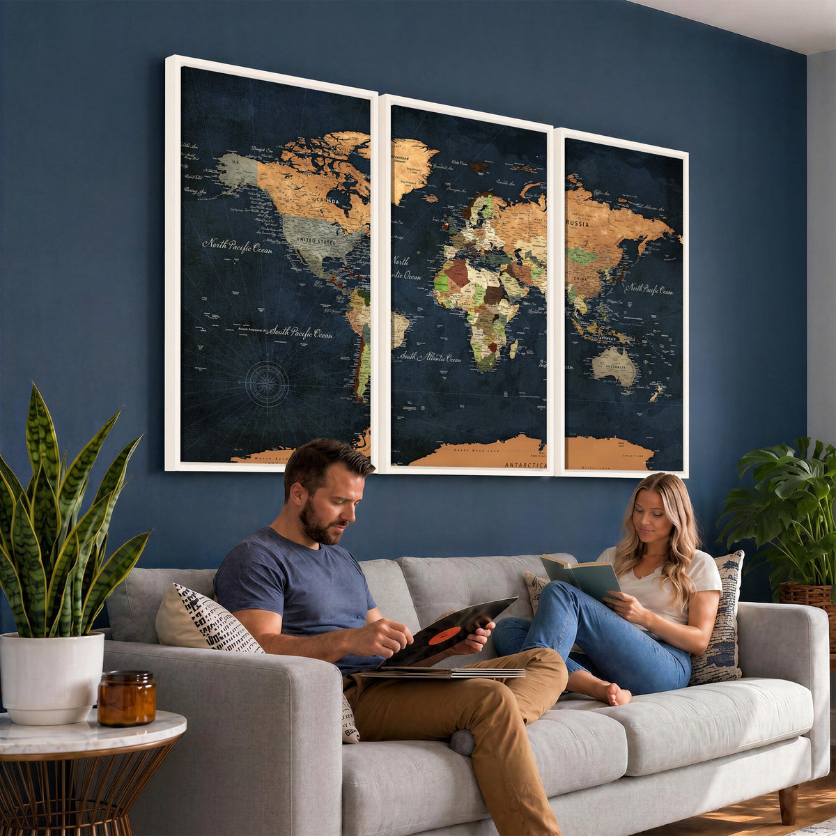 Vintage World Map Canvas Wall Art | Detailed Map with Countries, Oceans and Continents