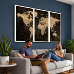 Brown World Map Canvas Print | Modern Travel Map Wall Art