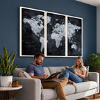 Black World Map Canvas Print | Detailed Map for Couples and Anniversary Gift