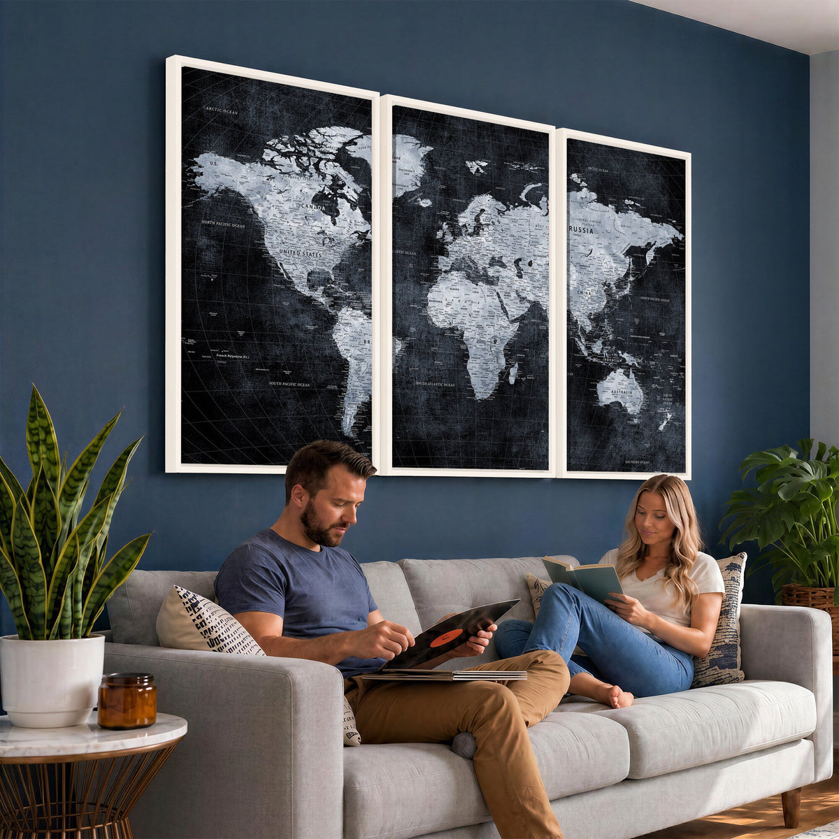 Black World Map Canvas Print | Detailed Map for Couples and Anniversary Gift