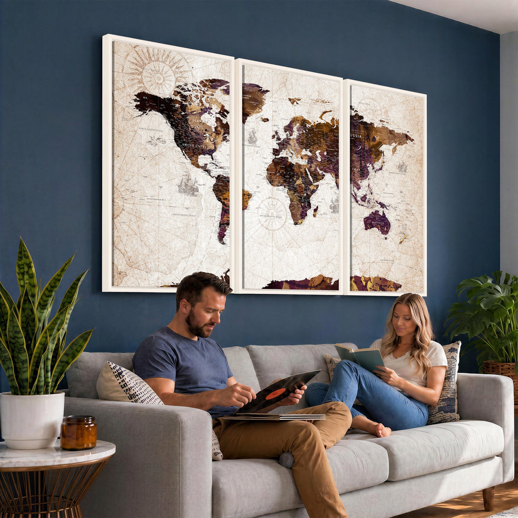 Blue Watercolor World Map Canvas Print | Framed Modern Wall Art