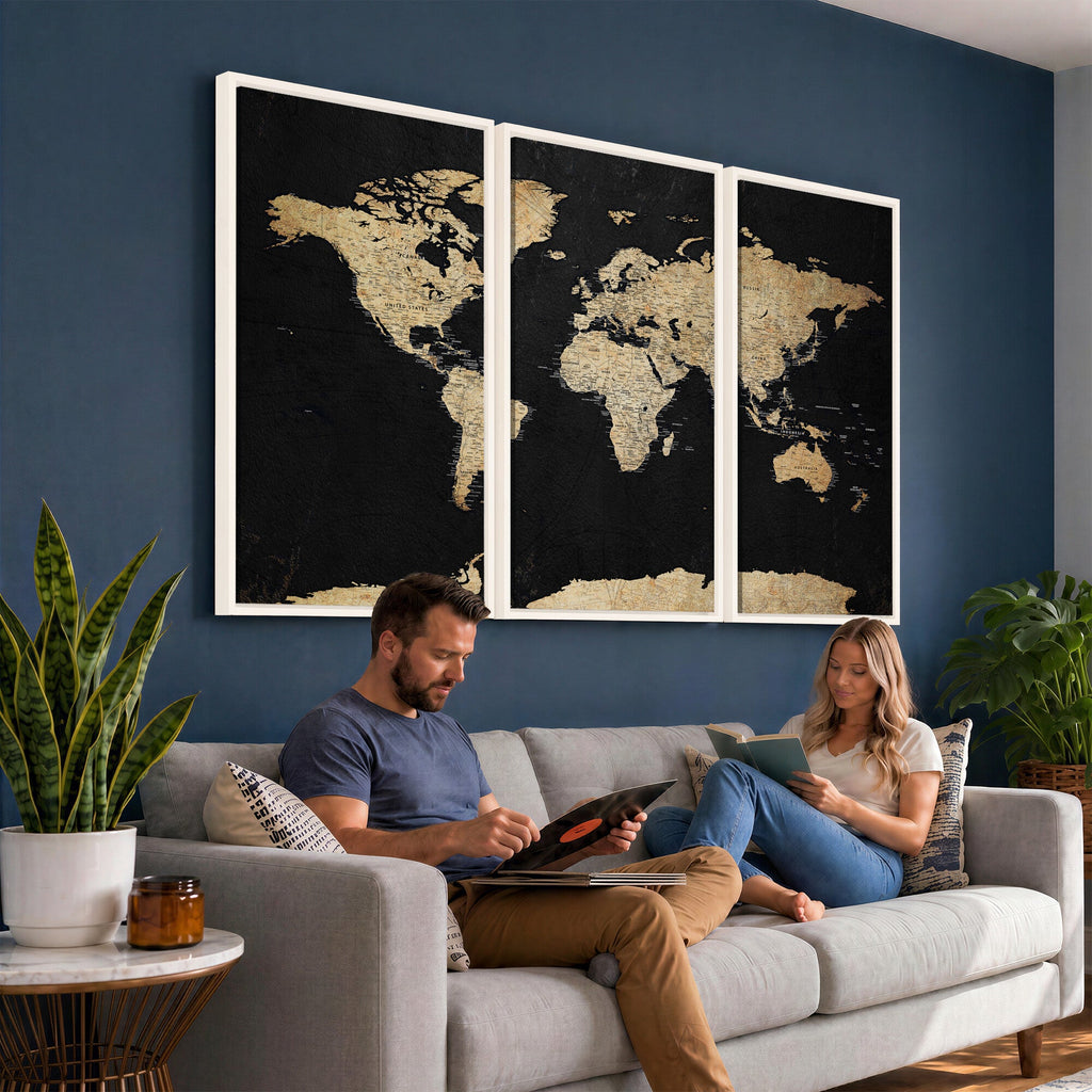 Beige World Map Canvas Wall Art Print, Minimal Black and Beige Map