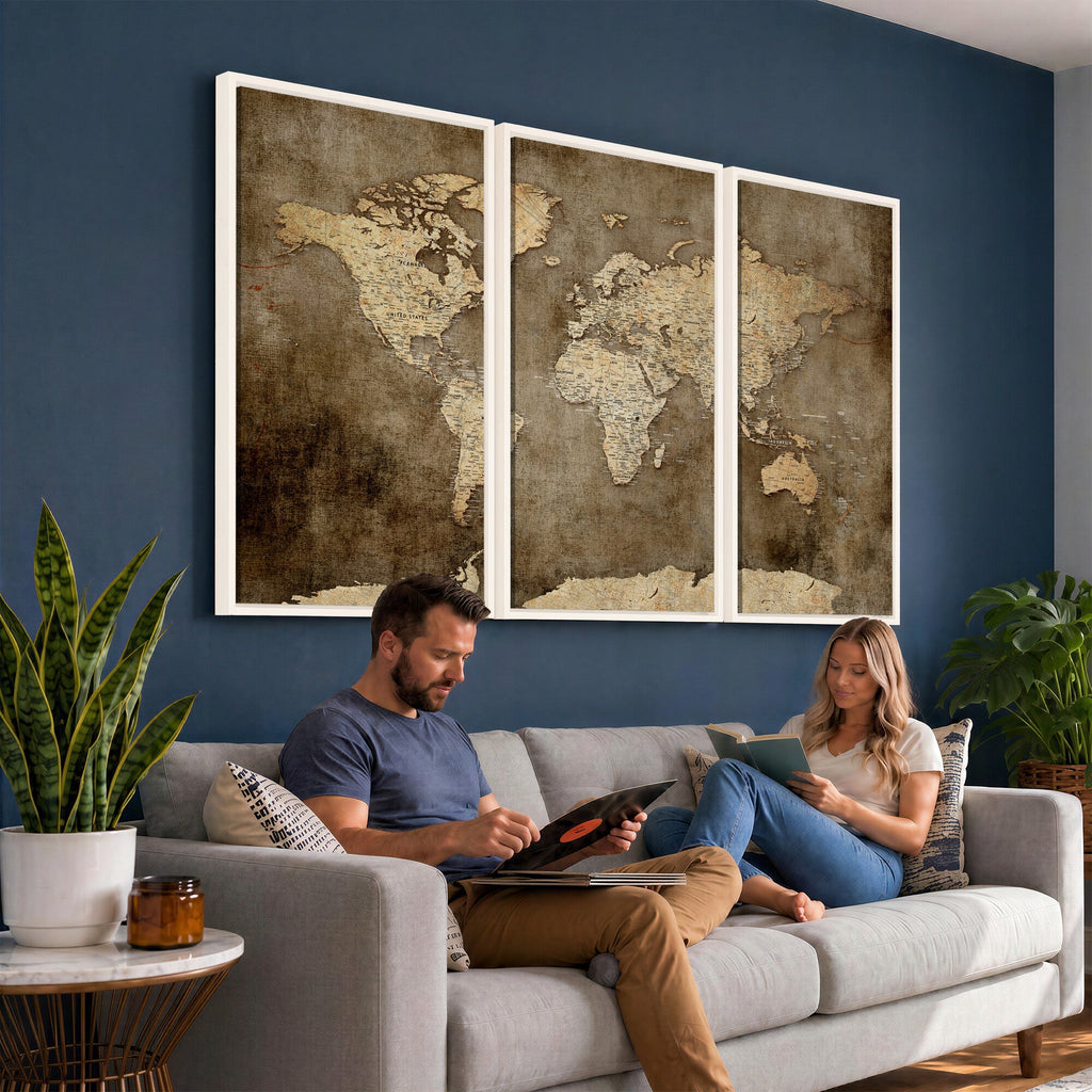 Dark Vintage World Map Canvas Wall Art Print, Antique Map Artwork