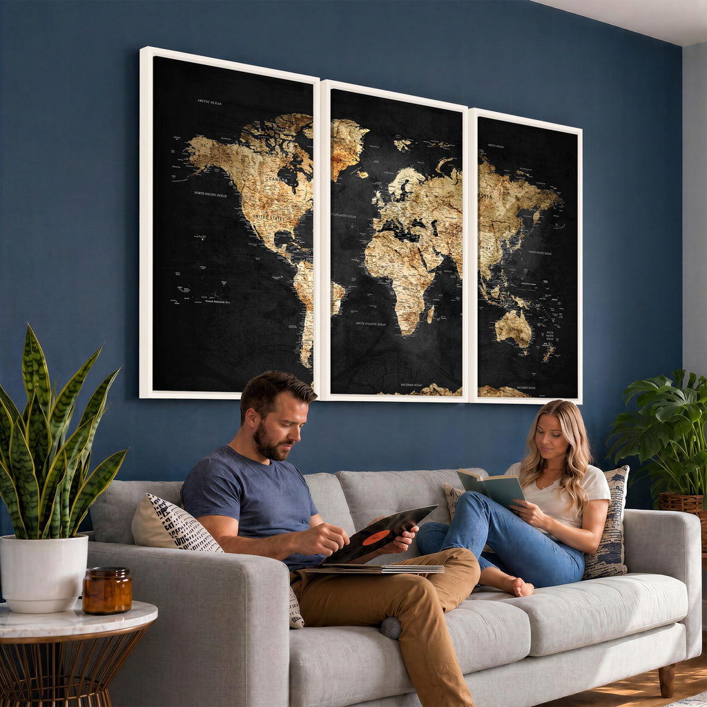 World Map Canvas Wall Art with Famous Landmarks | Framed Travel Map