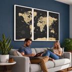 Vintage Blue and Brown World Map Canvas Wall Art | Framed Rustic Map Print