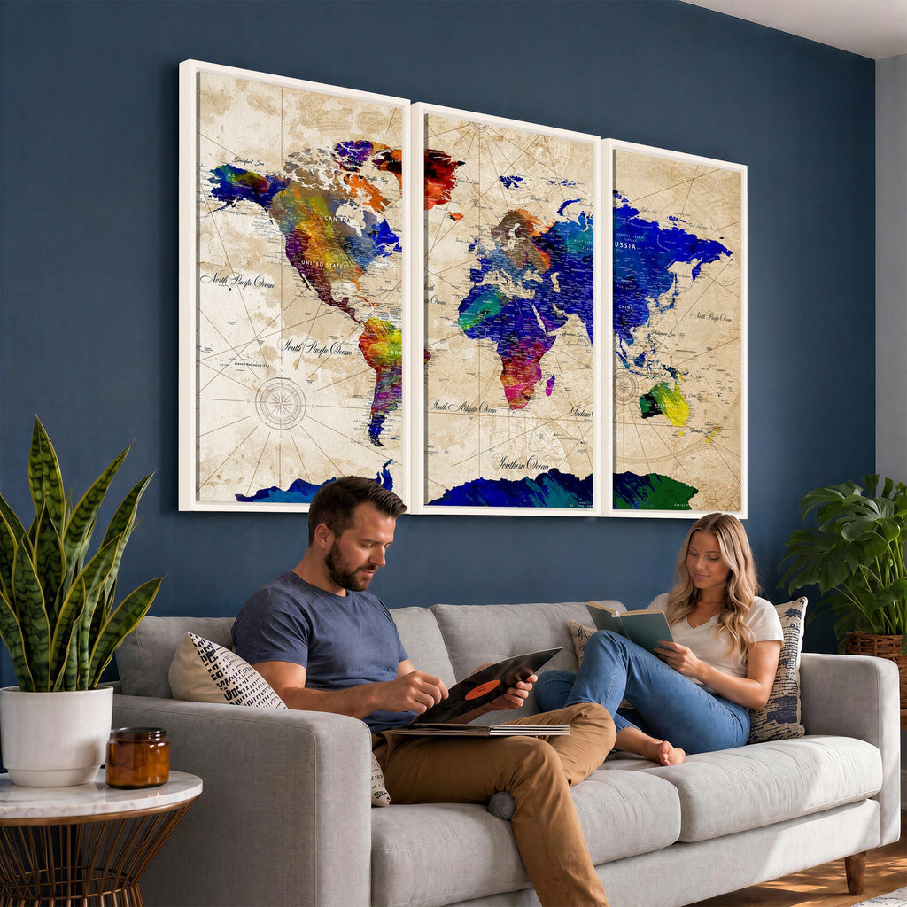 Watercolor World Map Canvas Print | Framed Wall Art for Couples