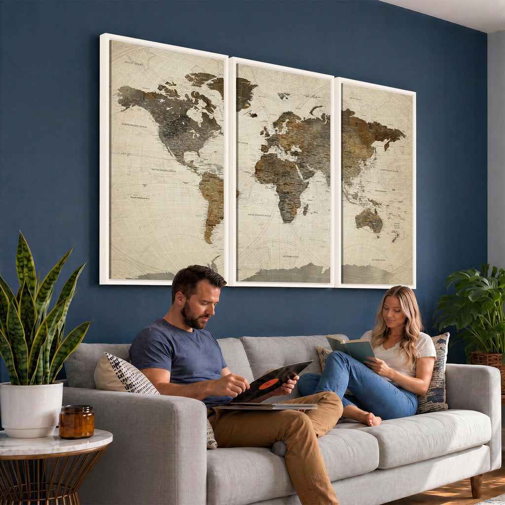 Vintage World Map Canvas Wall Art | Framed Antique Style Travel Map