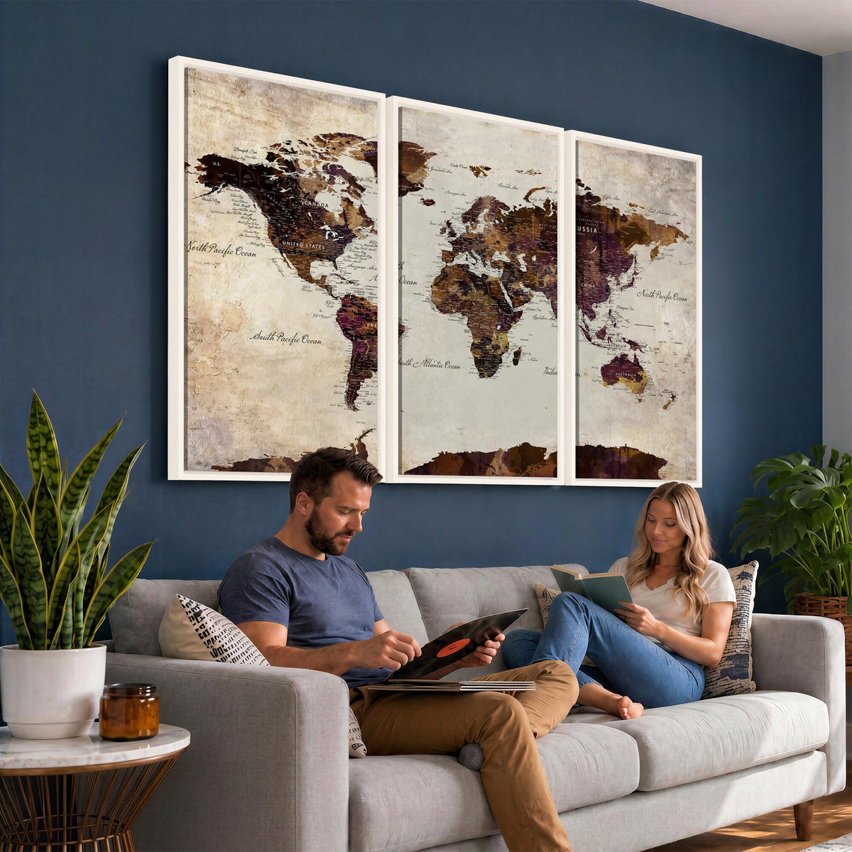 World Map Canvas Triptych | Colorful Global Wall Art for Living Rooms