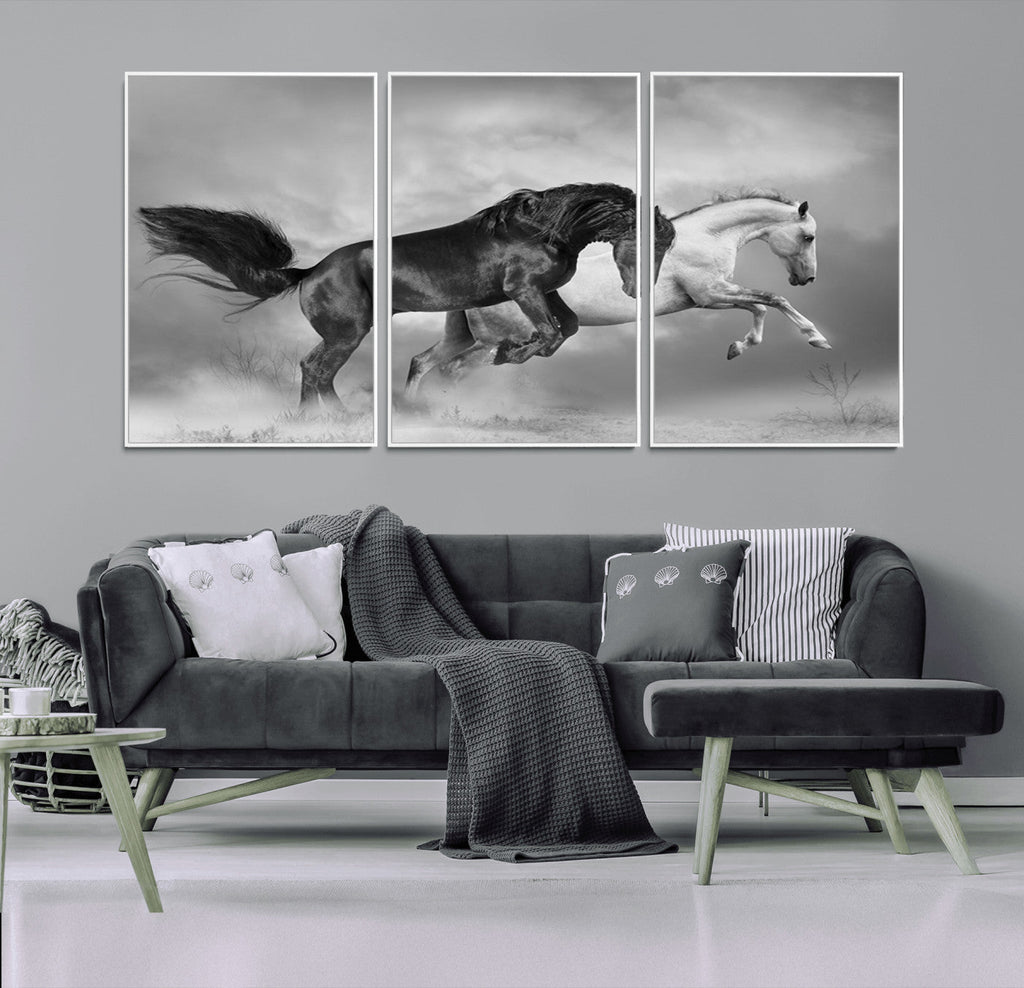 Wild Horses Wall Art Canvas Print, Framed Black and White Galloping Horses