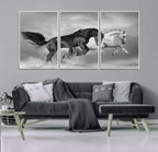 Wild Horses Wall Art Canvas Print, Framed Black and White Galloping Horses