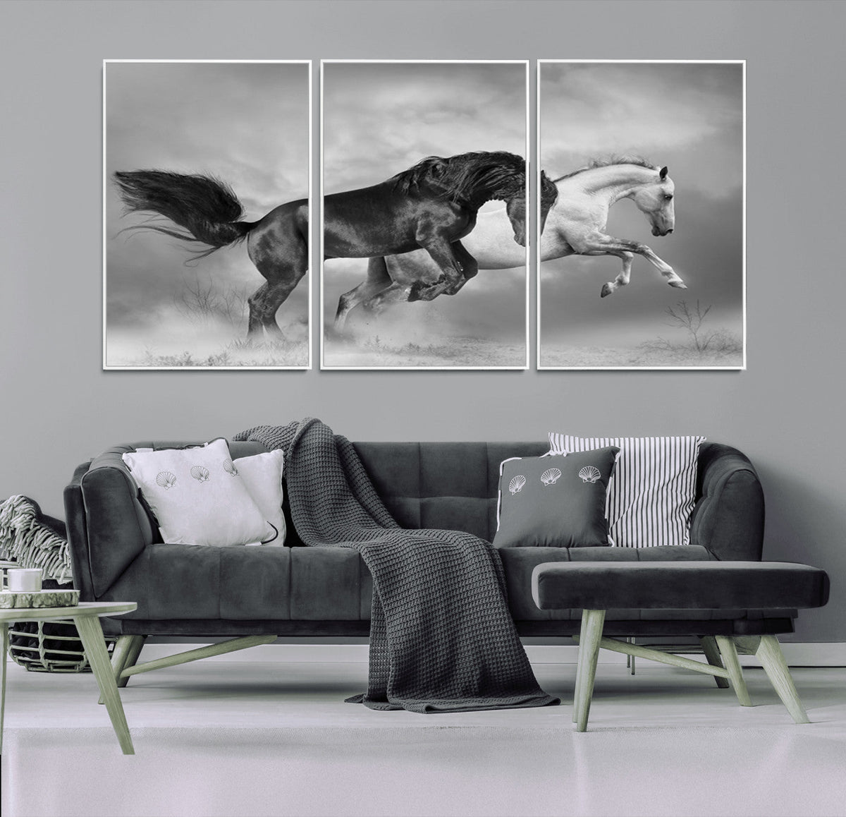 Wild Horses Wall Art Canvas Print, Framed Black and White Galloping Horses