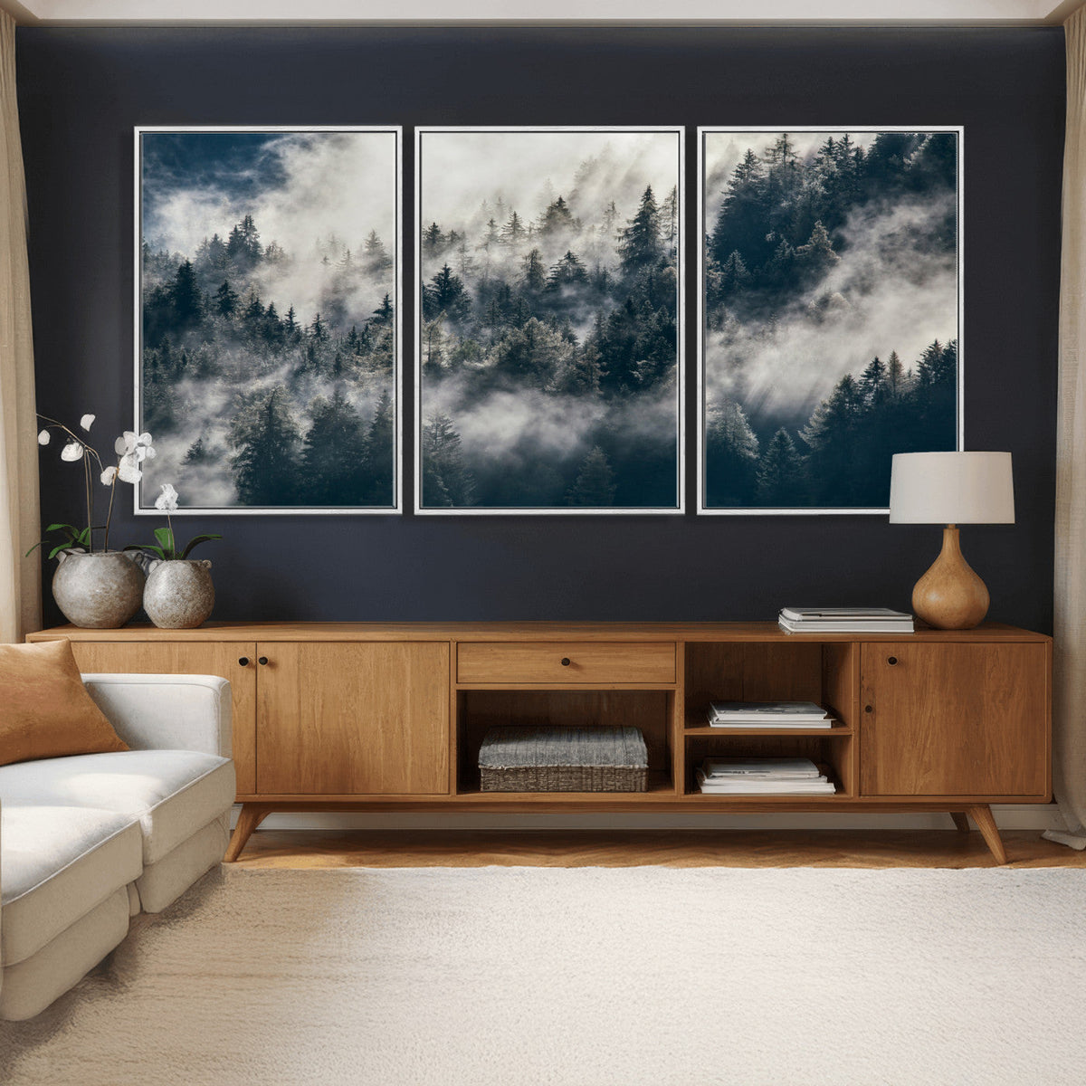 Foggy Mountain Forest Canvas Print, Misty Pine Trees Nature Wall Art