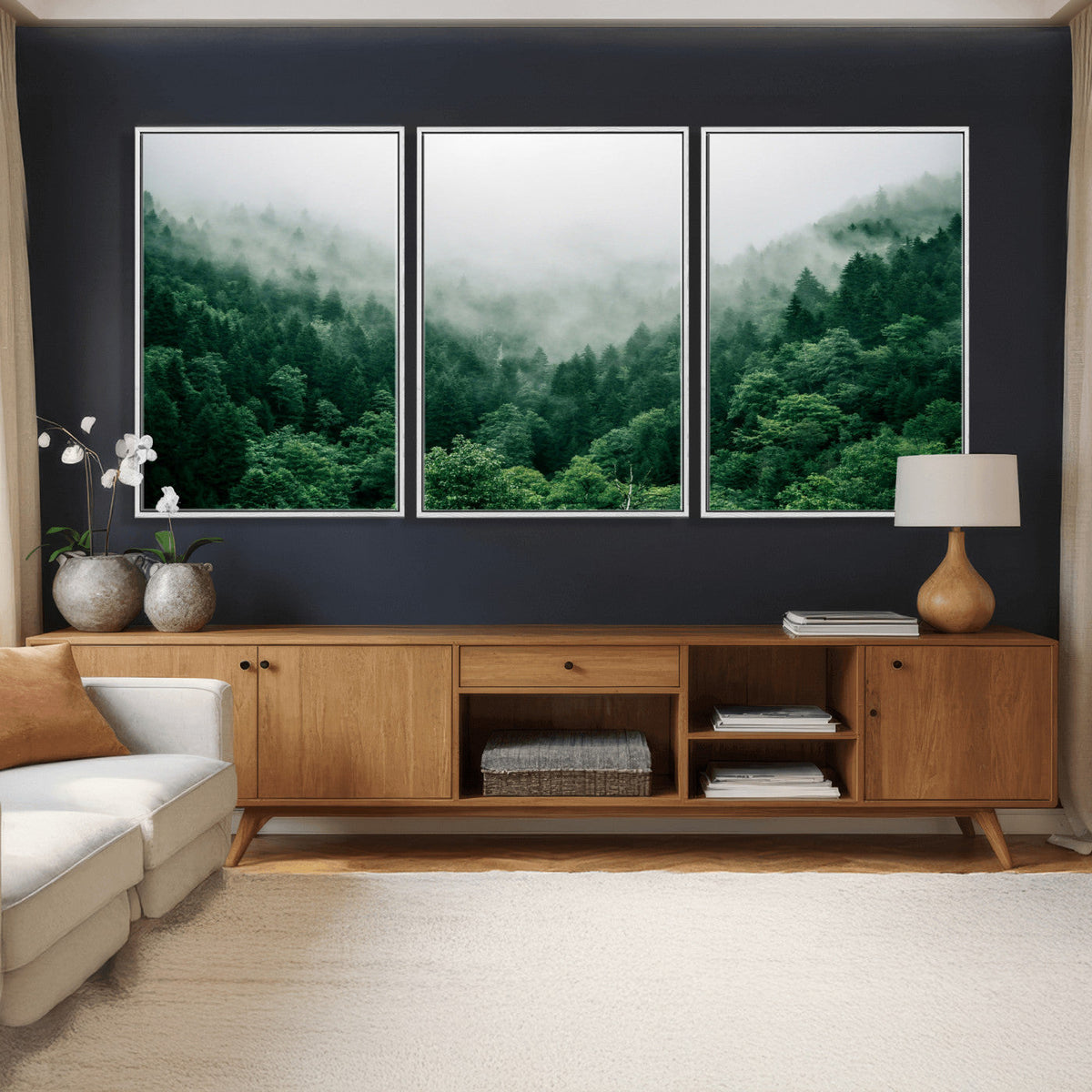 Misty Pine Forest Wall Art Canvas Print, Foggy Evergreen Landscape