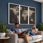World Map Canvas Wall Art, Dark Charcoal and Antique Tan Detailed Map