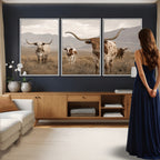 Rustic Texas Longhorn Cow Canvas Wall Art Print, Farm Animal Photography