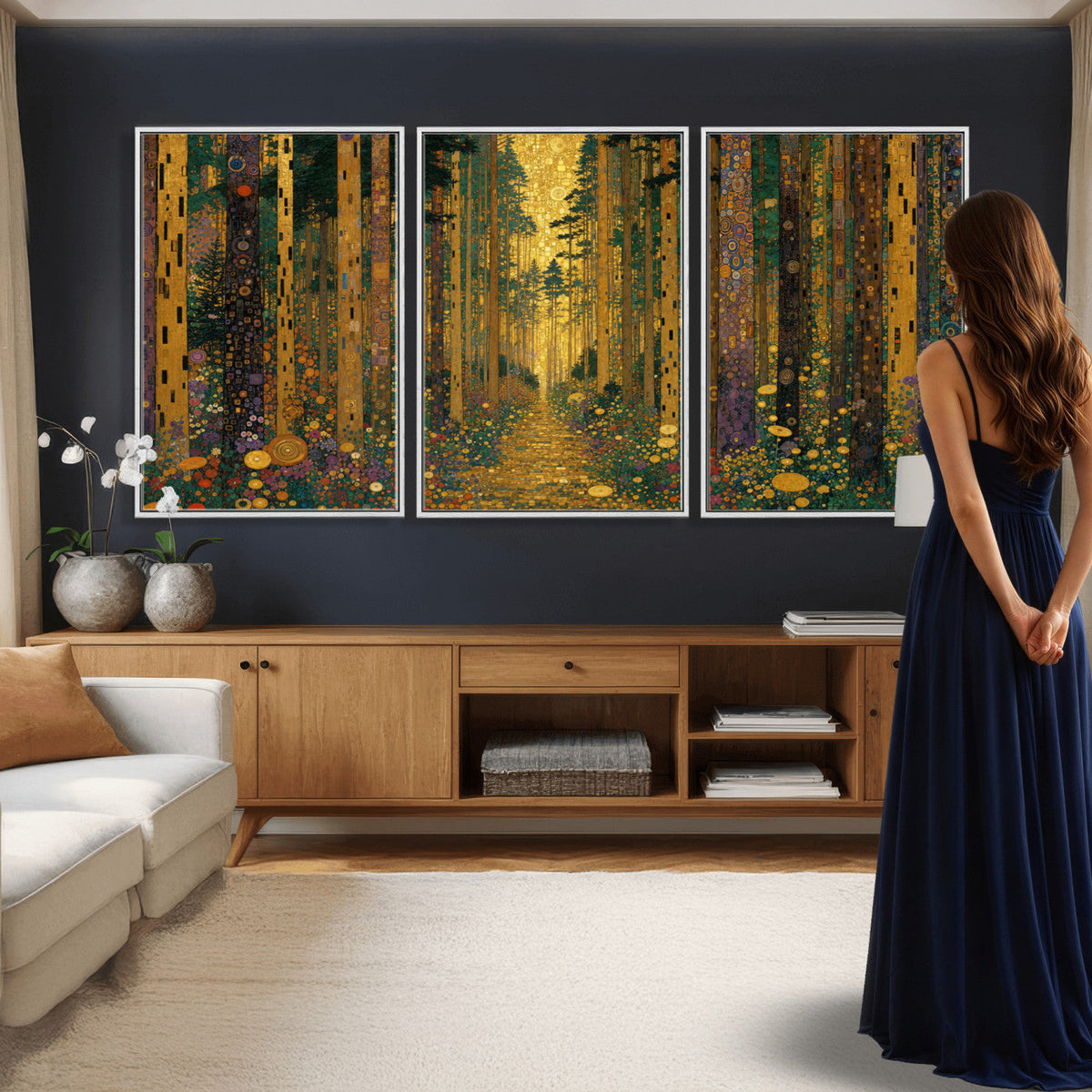 Gustav Klimt Style Forest Canvas Wall Art, Golden Forest Path Floral Art Nouveau Print