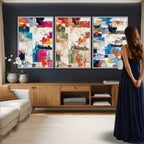 Blue Teal Abstract Canvas Wall Art, Modern Brushstroke Style Print, Navy Orange Contemporary Decor