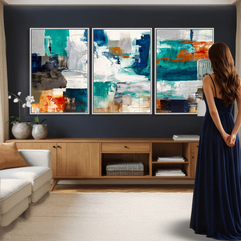 Blue Teal Abstract Canvas Wall Art, Modern Brushstroke Style Print, Navy Orange Contemporary Decor