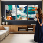 Blue Teal Abstract Canvas Wall Art, Modern Brushstroke Style Print, Navy Orange Contemporary Decor