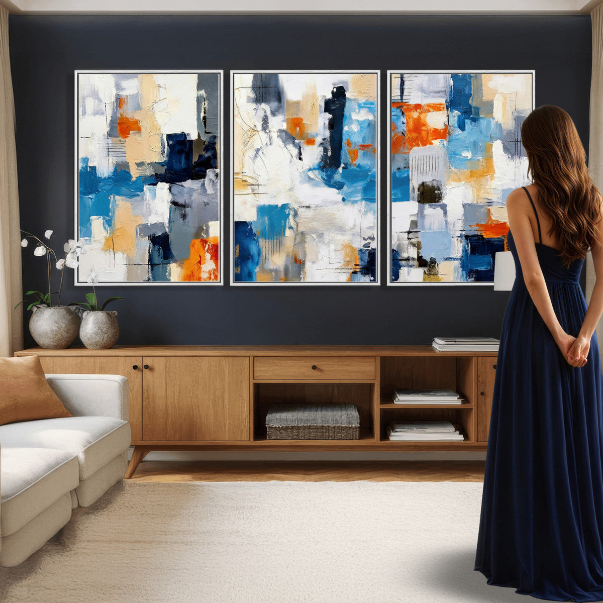 Blue Teal Abstract Canvas Wall Art, Modern Brushstroke Style Painting Print, Navy Orange Contemporary Decor