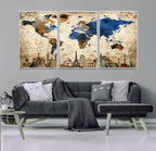 World Map Canvas Print | Vintage Blue and Gold World Map Wall Art