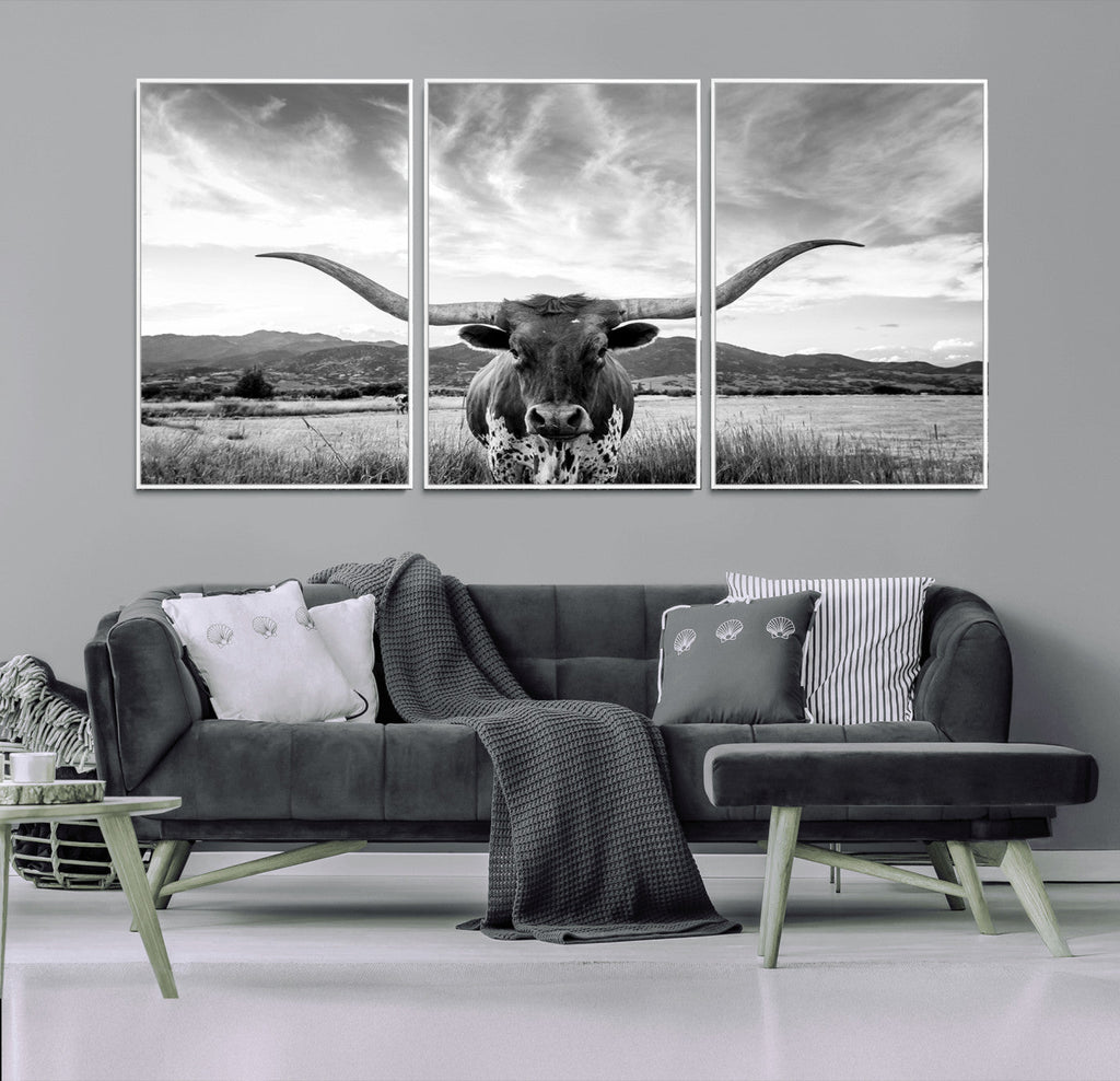 Longhorn Black and White Wall Art | Rustic Western Bull Canvas Print