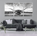 Longhorn Black and White Wall Art | Rustic Western Bull Canvas Print