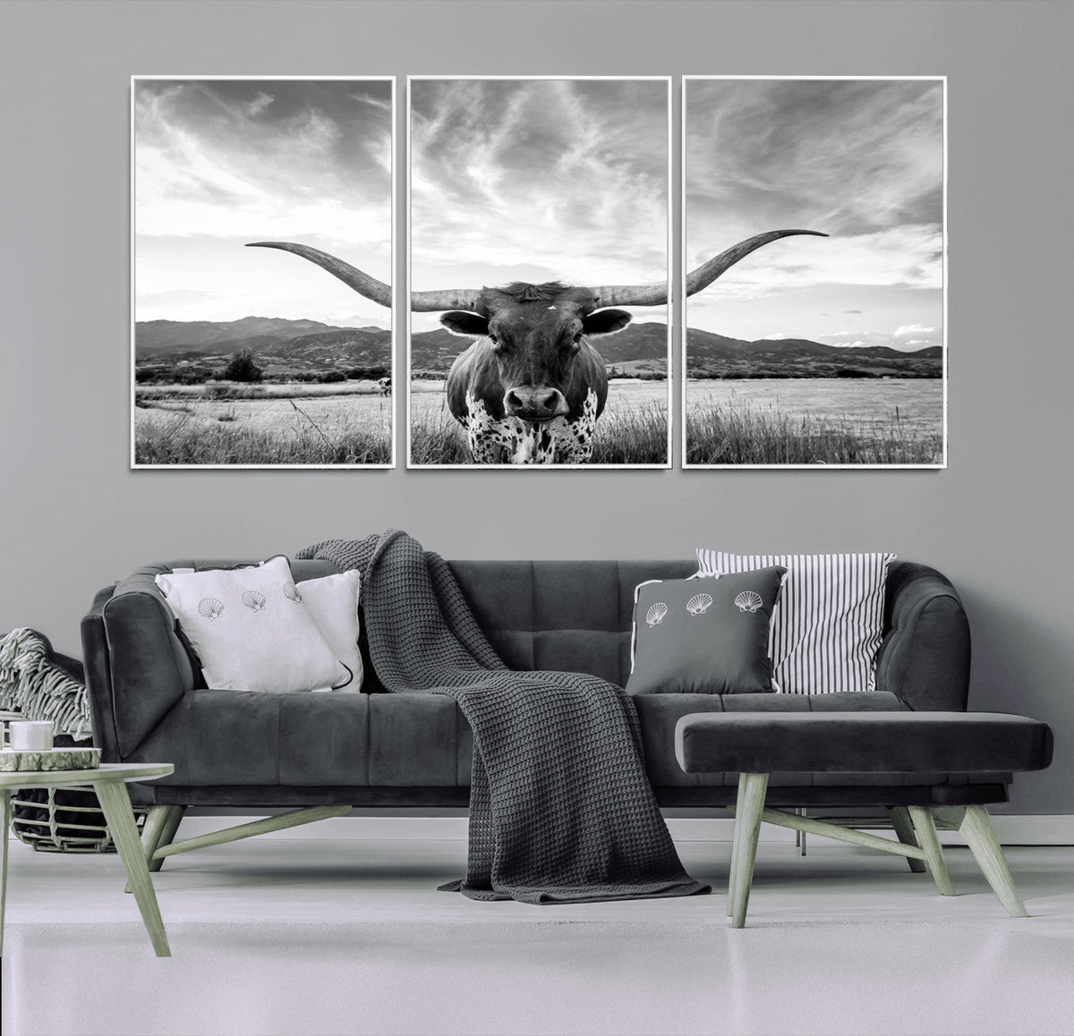 Longhorn Black and White Wall Art | Rustic Western Bull Canvas Print