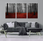 Red Forest Floor Canvas Wall Art | Mystical Foggy Woodland Triptych