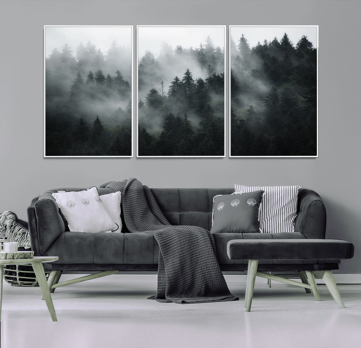 Foggy Forest Wall Art Canvas Print | 3 Panel Large Misty Landscape